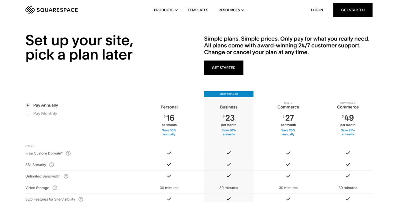 Squarespace Pricing Plans
