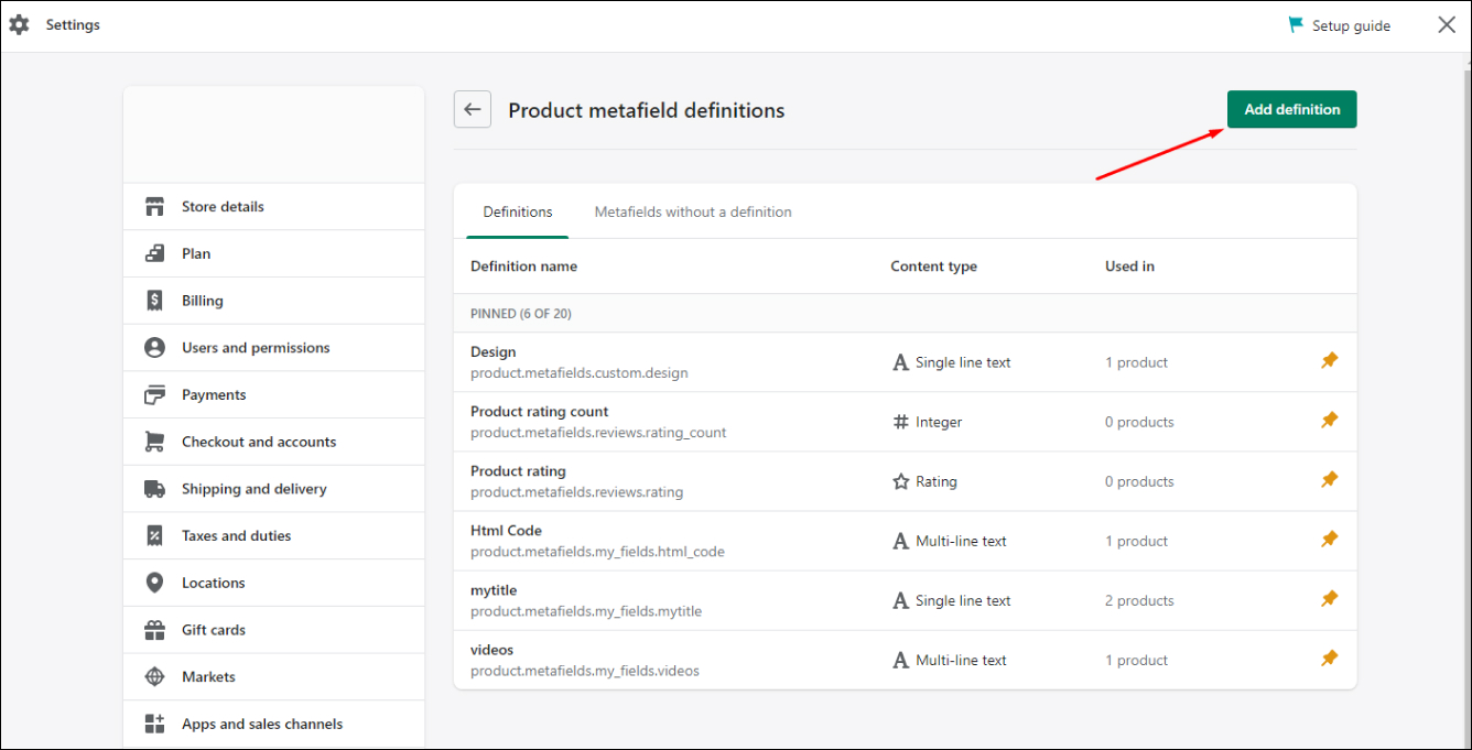 Add definition in Shopify metafield
