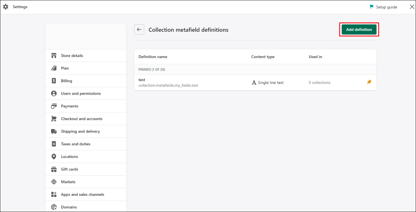 Collections Metafield Add Definition