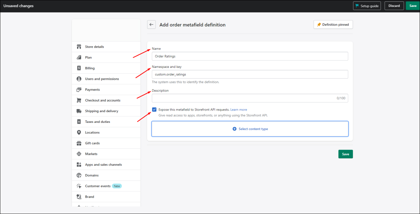 Order Metafield Definition Details