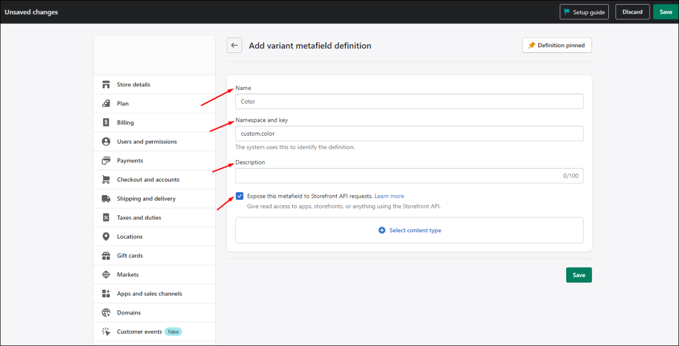 Shopify Add Variant Metafield Definition