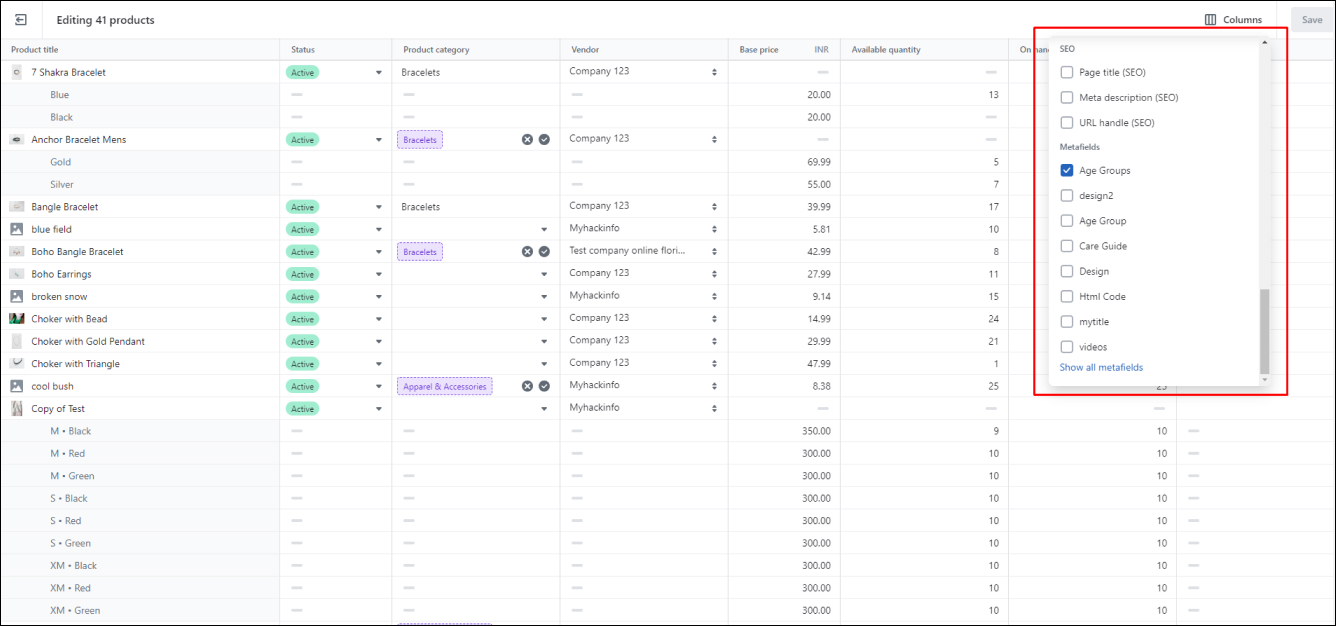 Shopify Bulk Edit Metafields