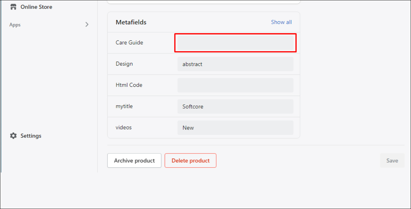 Shopify Products Metafield - Care Guide Metafield