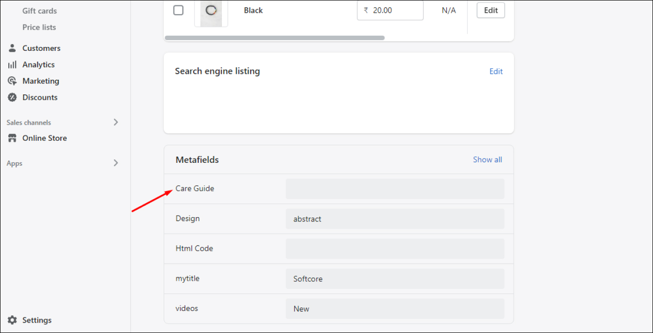 Shopify Products Metafield - Care Guide in Frontend