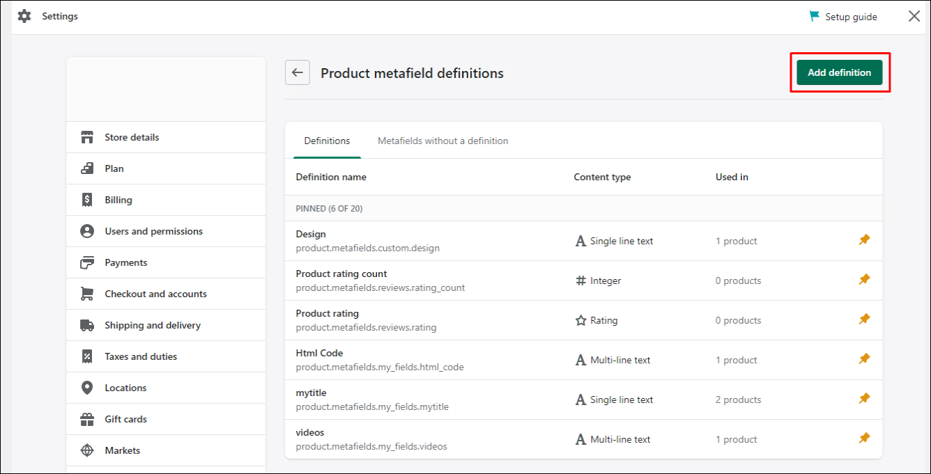 Shopify Products Metafield Definition