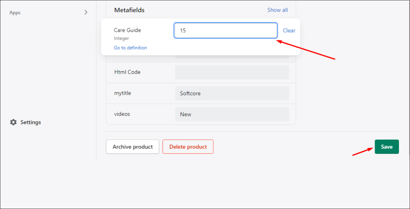 Shopify Products Metafield - Metafield Enter Values