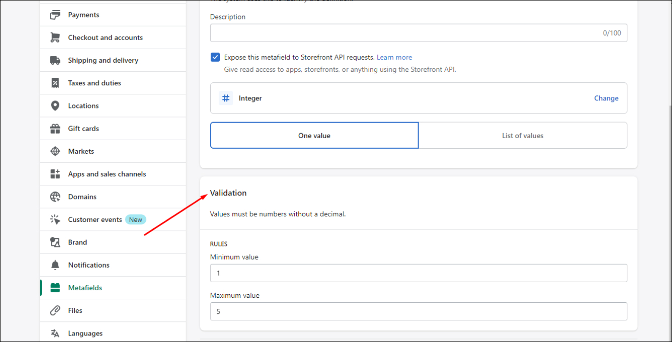 Shopify Products Metafield - Validation Options