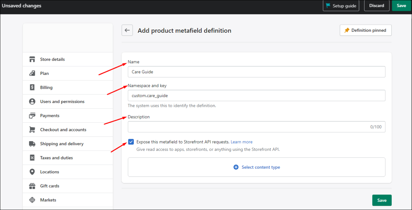 Shopify Products Metafield adding details