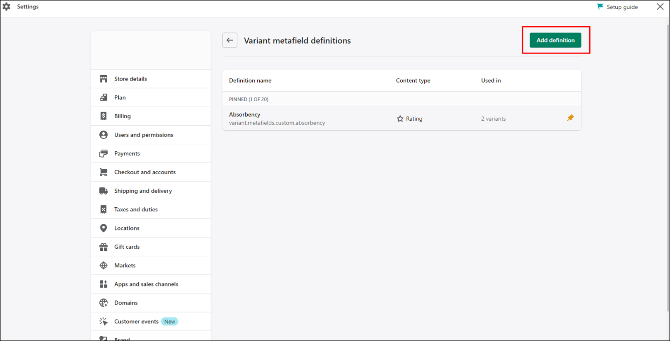 Shopify Variant Metafield Add Definition