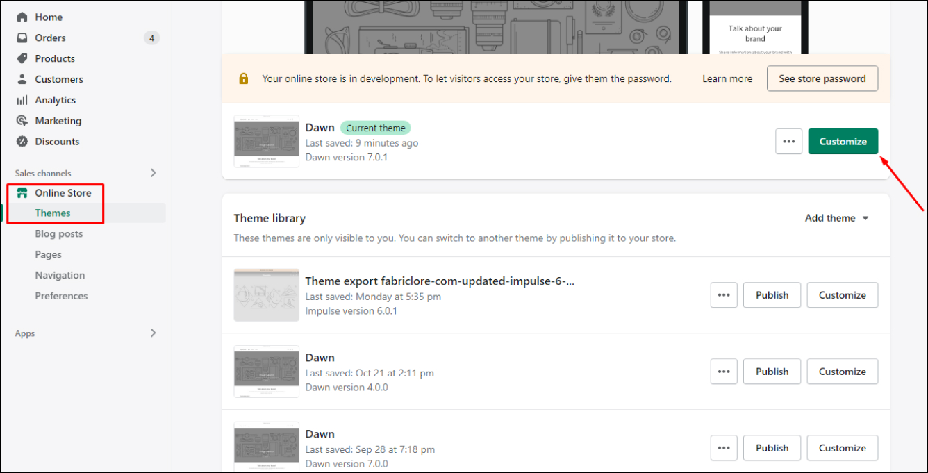Shopify admin panel