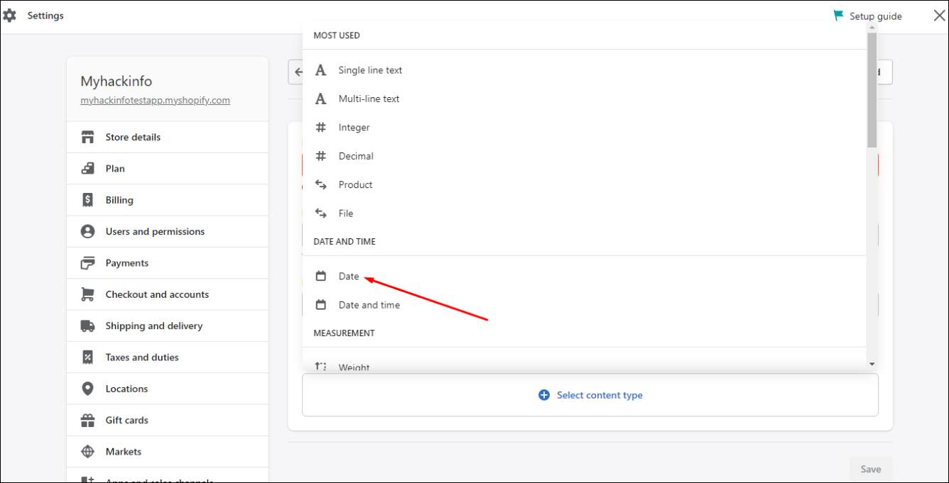 Shopify customers metafield select content type