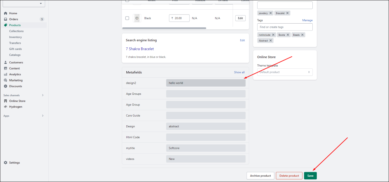 Shopify edit metafield