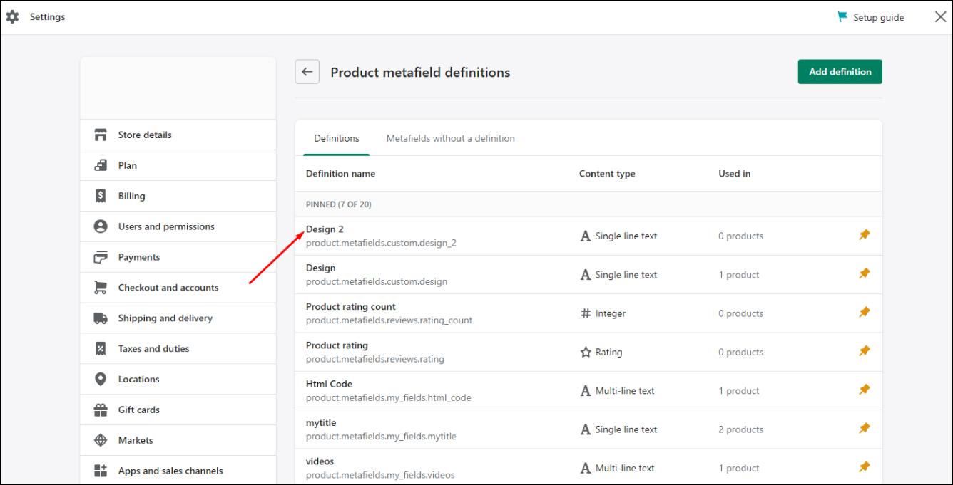 product metafield definitions