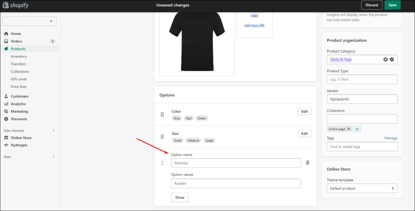 Shopify Add Product Options
