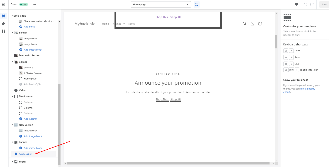 Shopify Add Section in Page Template