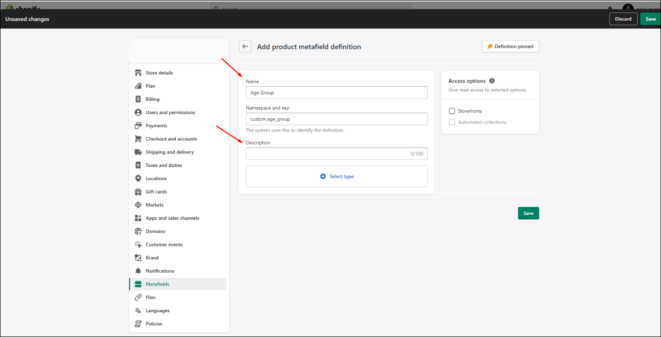 Shopify Add name & description Metafields