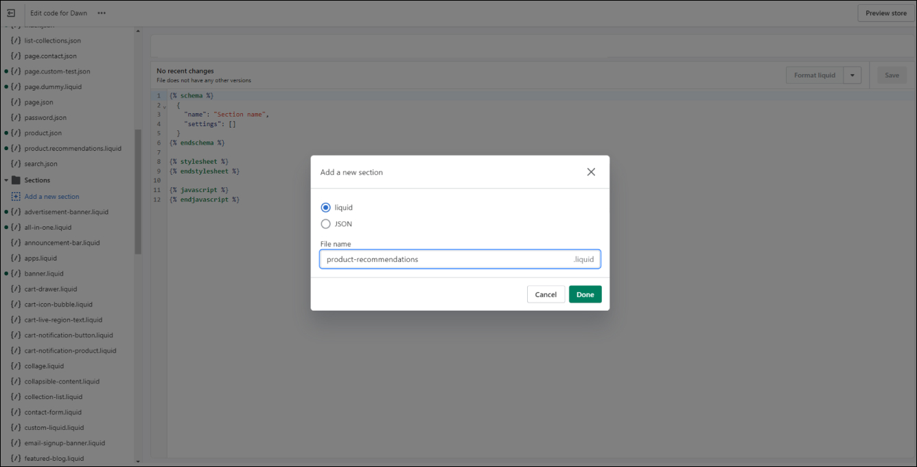 Shopify Create New Section