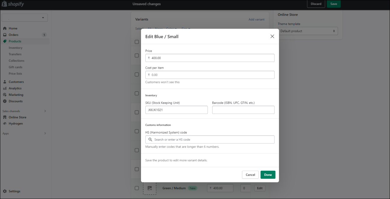 Shopify Edit Variants