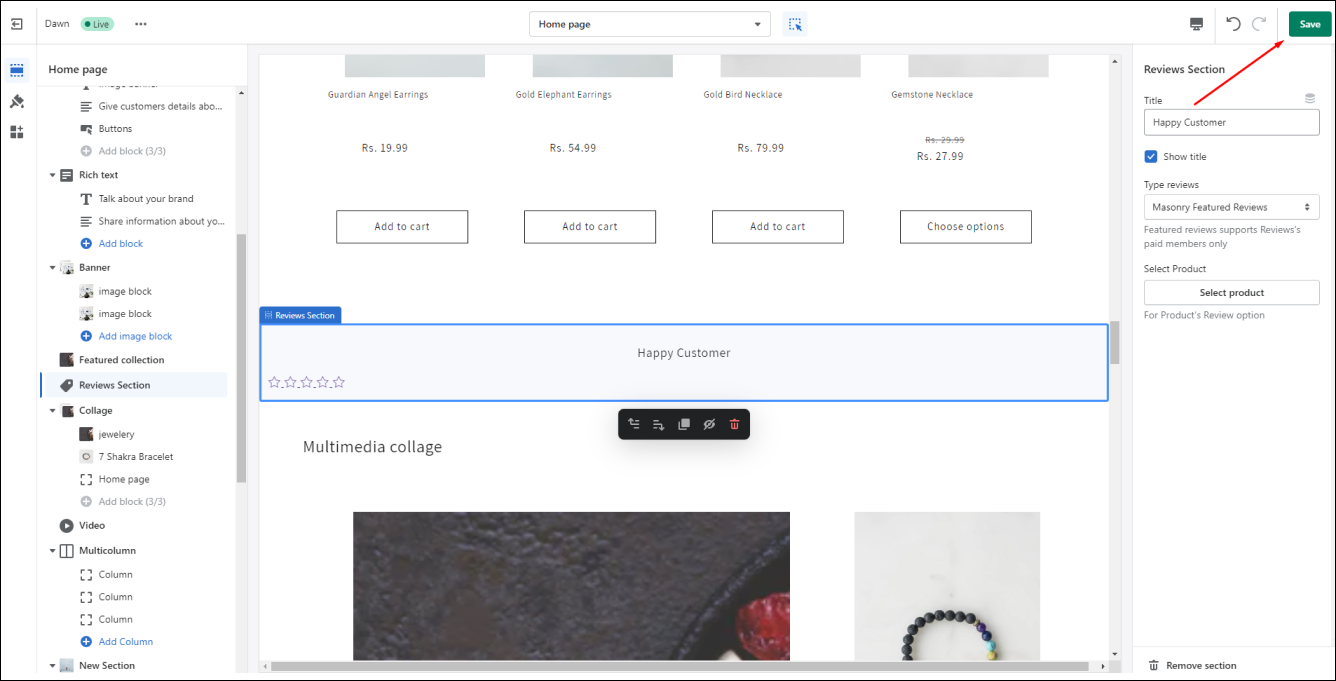 Shopify Reviews Section Save