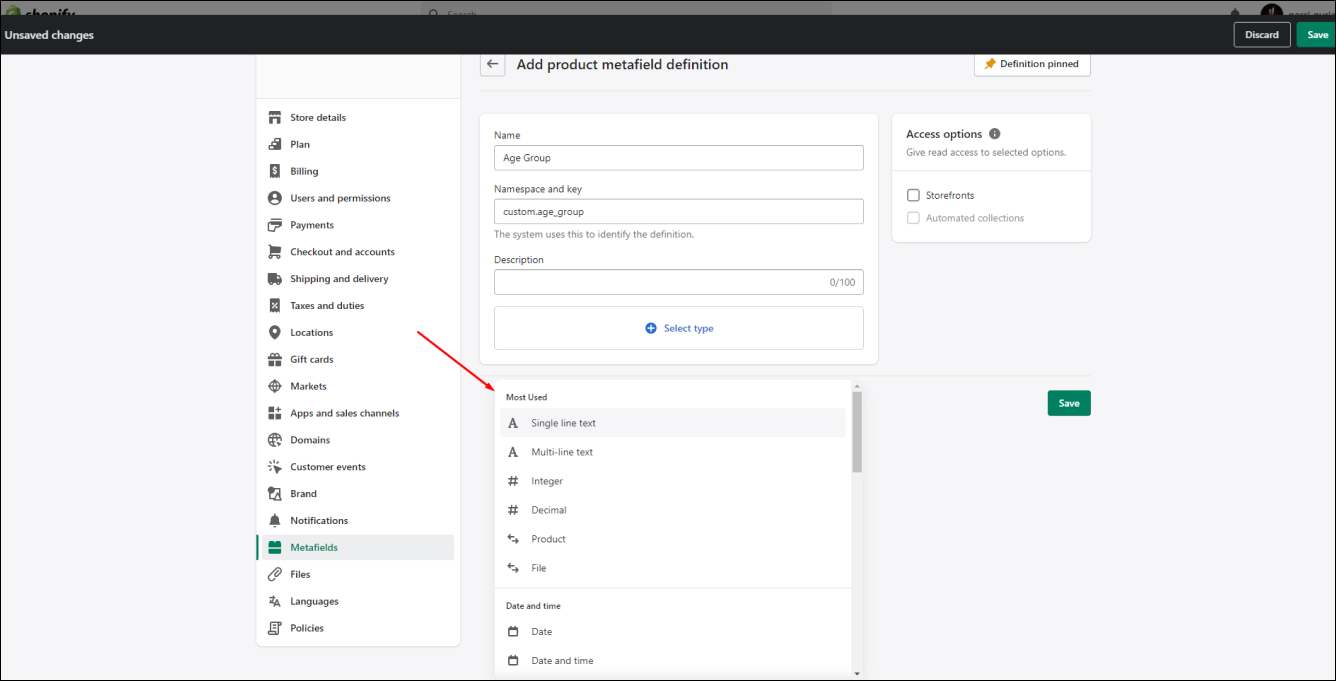 Shopify Select Content Type Metafields