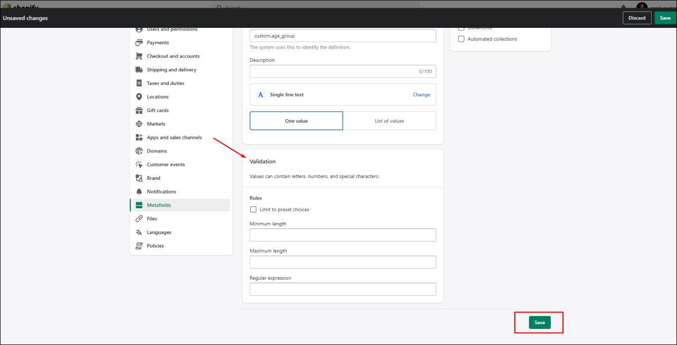 Shopify Set Validation Rules Metafields