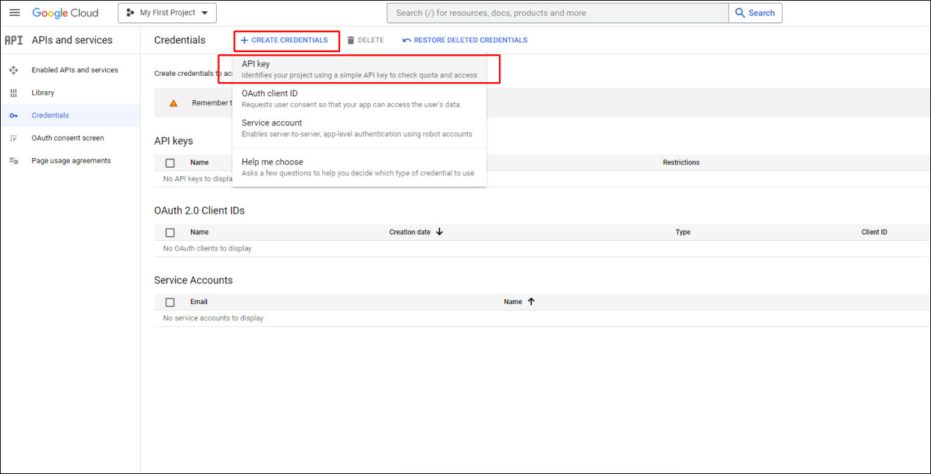 Google API Create Credentials