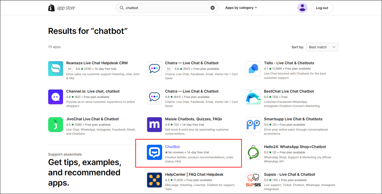 Shopify App Store ChatBot