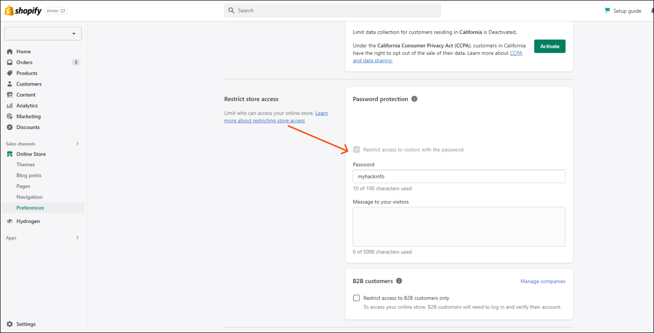 Shopify Enable Password
