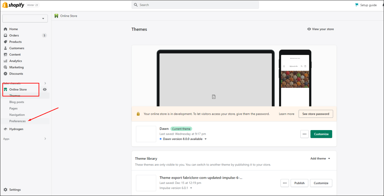 Shopify Preferences Settings