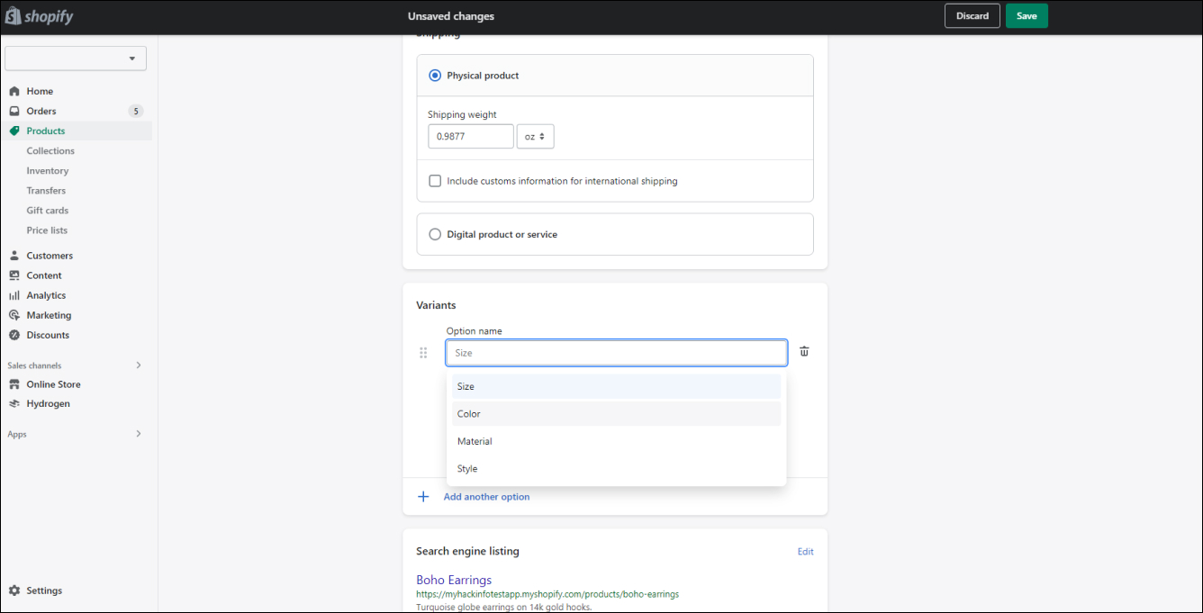 Shopify Add Variant Options