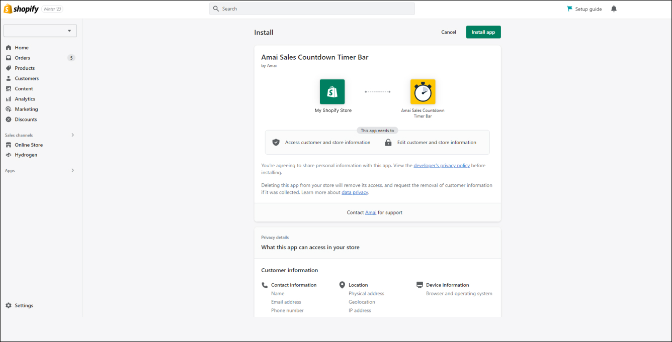 Shopify Amai Countdown Timer App Install