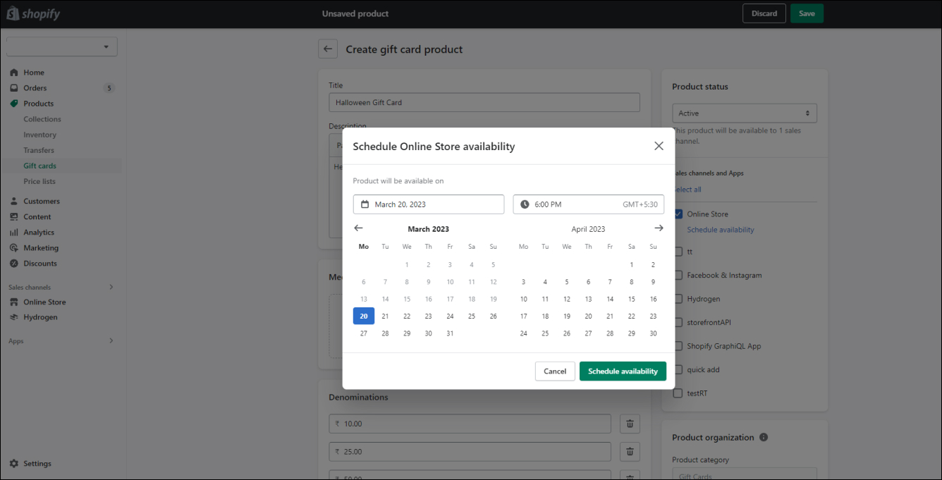 Shopify Gift Card Schedule Availability