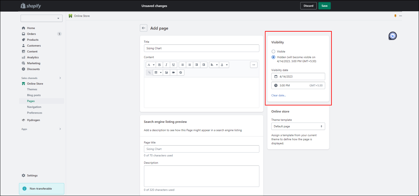 Shopify Page Set Visibility
