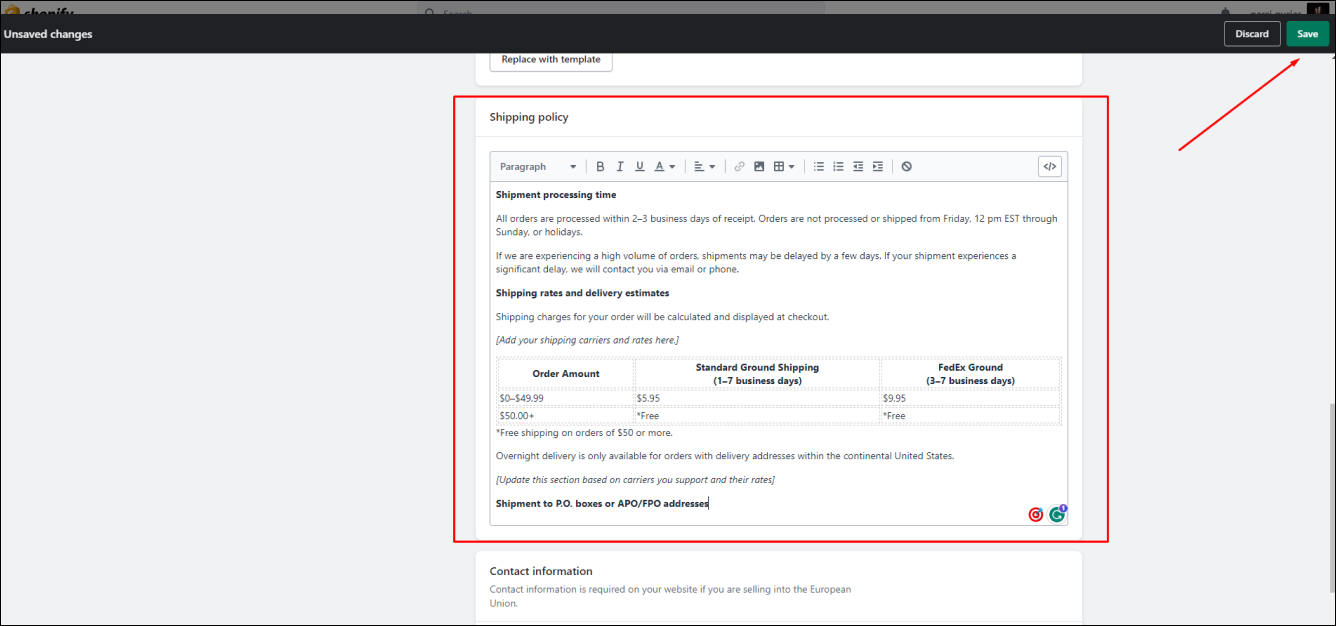 Shopify Shipping Policy Save