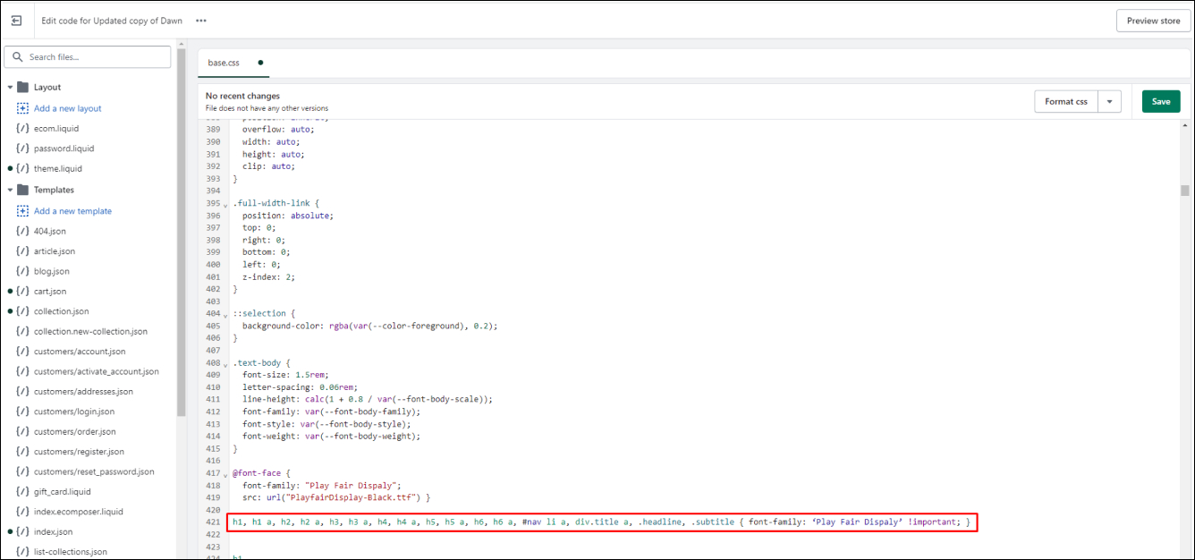 Shopify update font in css file