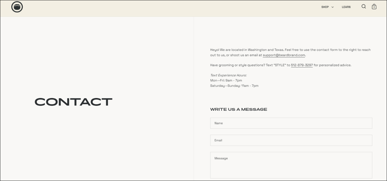Beardbrand Contact Us Page Example
