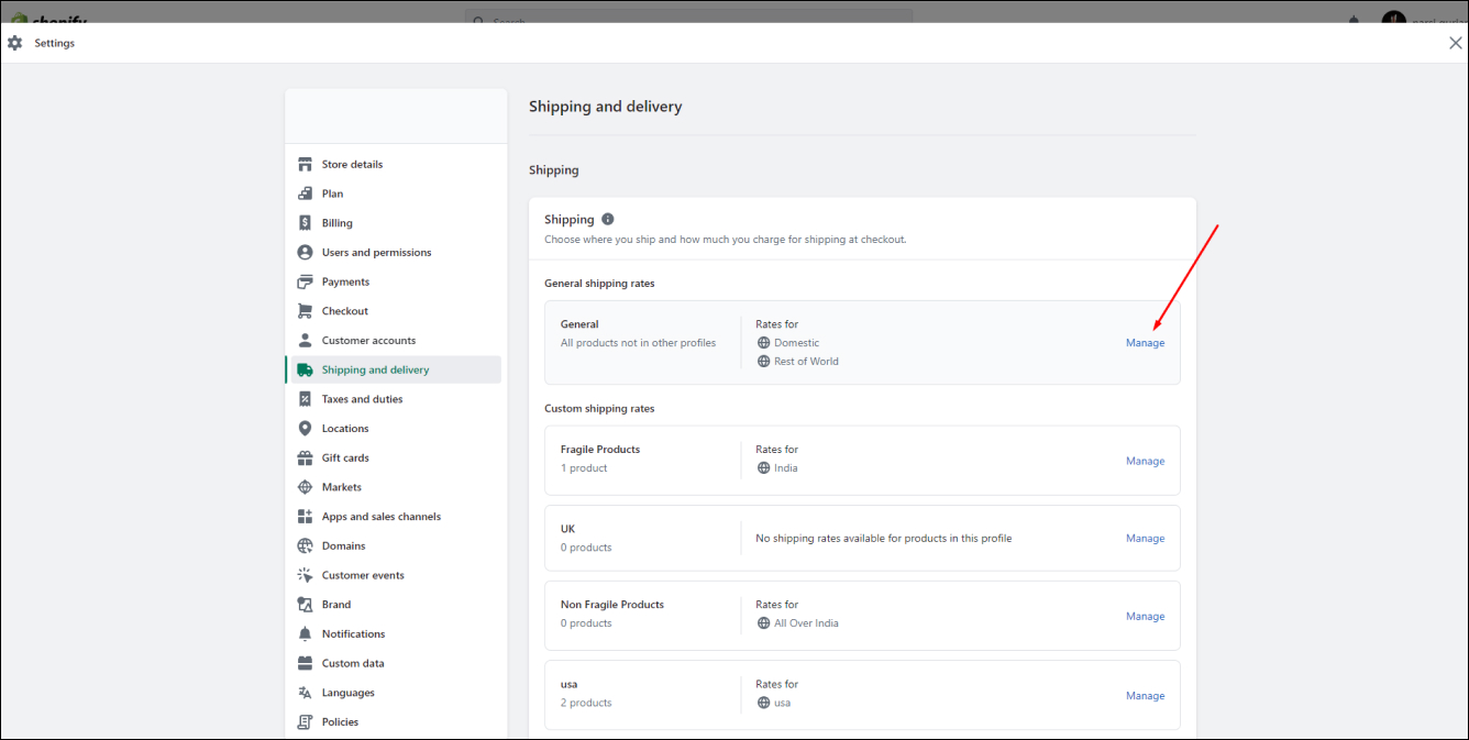 Shopify General Shipping Manage