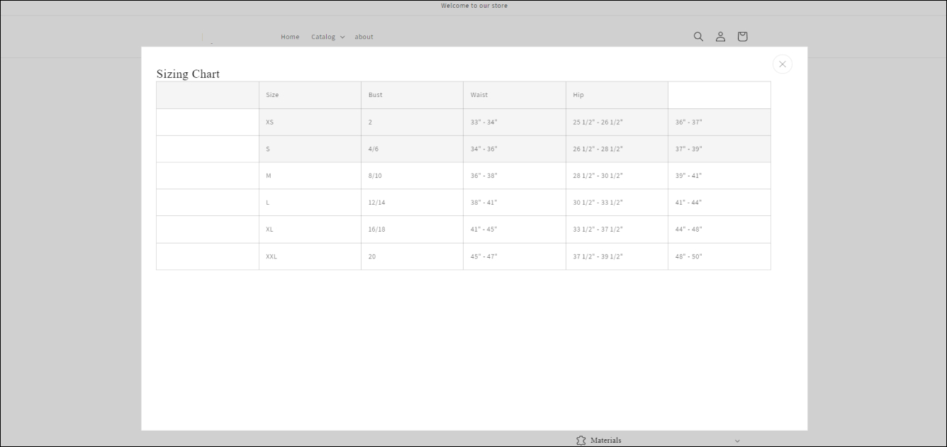 Shopify Size Guide Popup