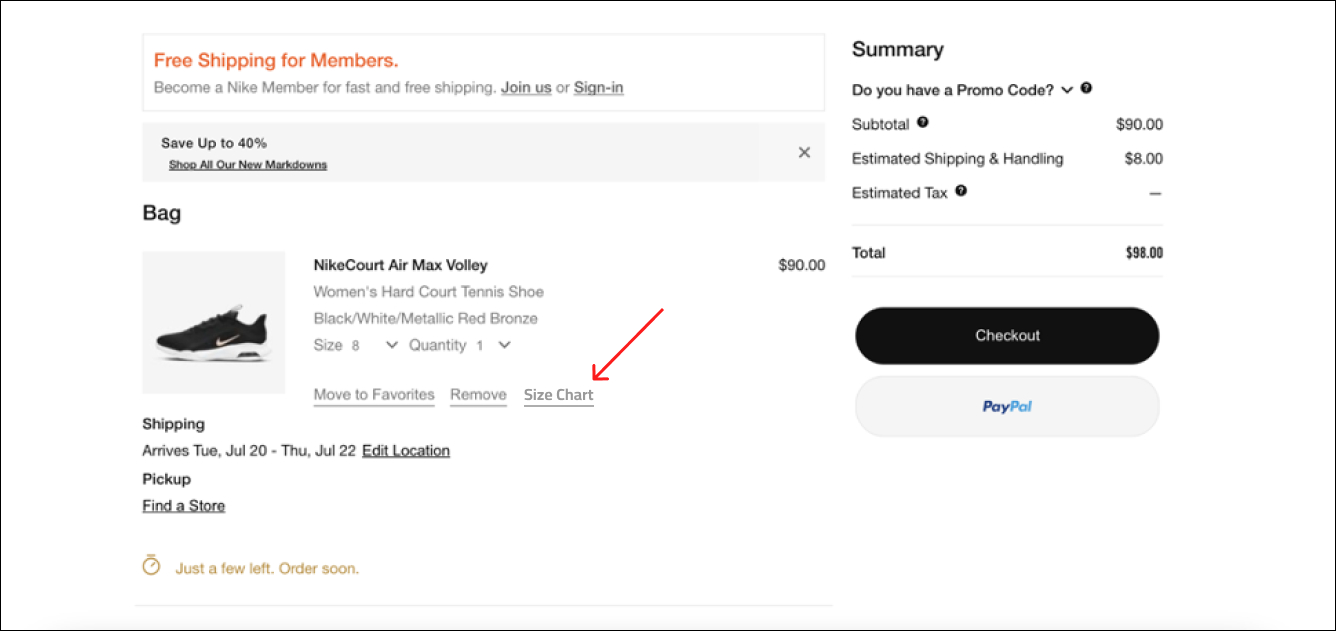 Shopify Size Guide on Cart Page
