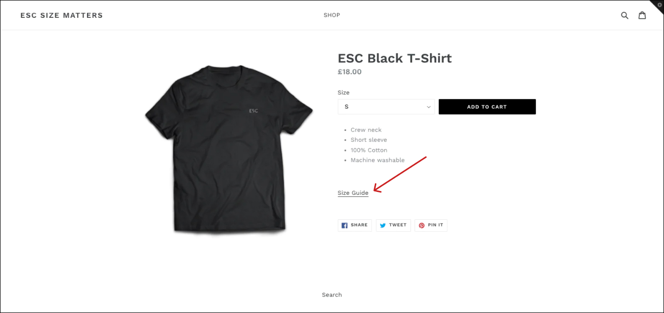 Shopify Size Guide on product page